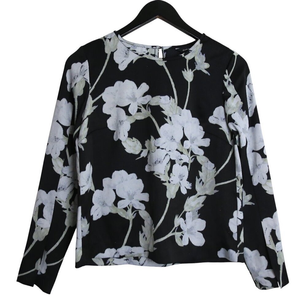 Club Monaco Floral Open Cut Long Sleeve High Neck Black Blouse Size XS